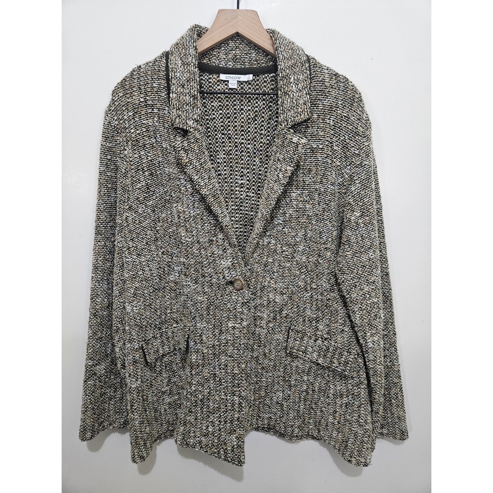 Chicos Tweed Blazer Jacket Womens 4 XXL Green Tan Single Button Cotton